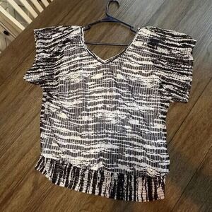 Black & Pink AGB Print Pleated Blouse Flutter Sleeves Elastic Waist Womens XL‎